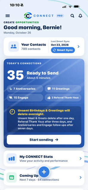 The CONNECT Pro app: 35 connections ready to send, contacts synced, and the week ahead.