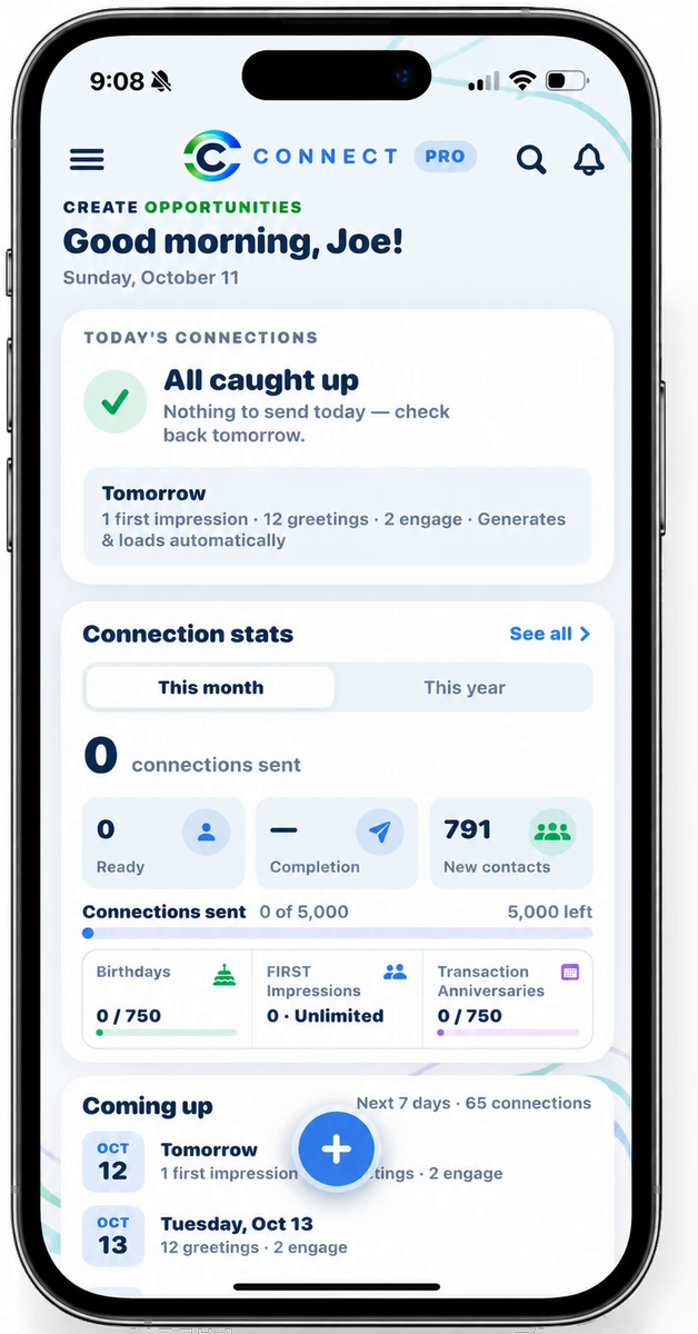 The CONNECT Pro app: today's connections, connection stats and the week ahead.